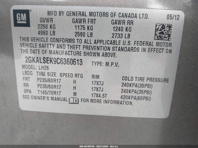 Aukcja sprzedaży 2012 Gmc Terrain Sle-2, vin: 2GKALSEK9C6360613, numer aukcji: 45188785