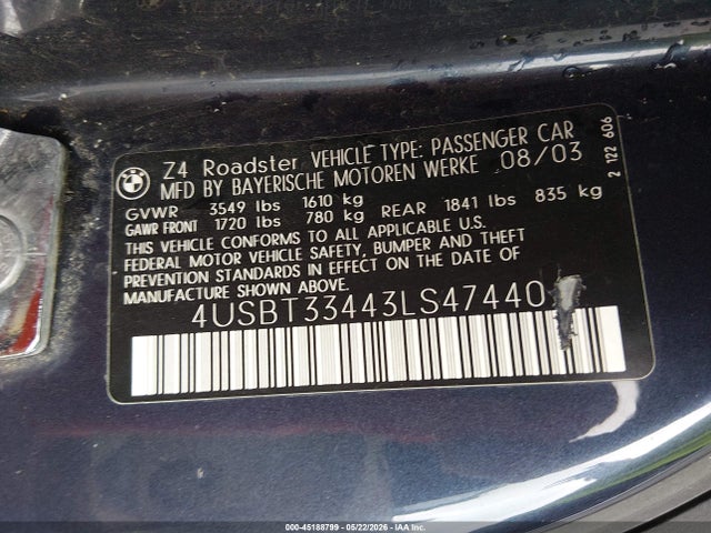 Aukcja sprzedaży 2003 Bmw Z4 2.5i, vin: 4USBT33443LS47440, numer aukcji: 45188799