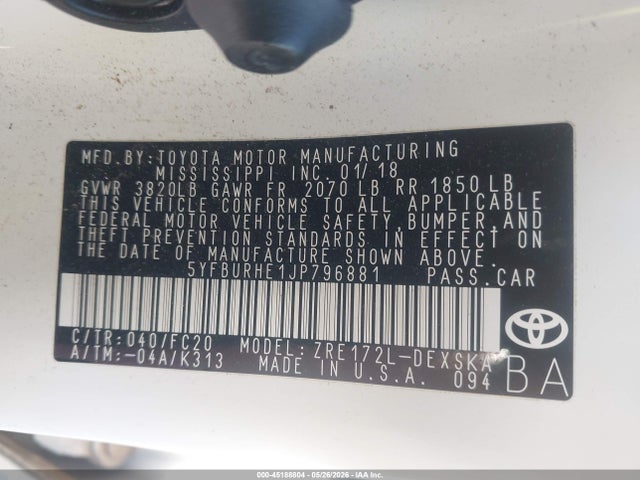 Продажа на аукционе авто 2018 Toyota Corolla Se, vin: 5YFBURHE1JP796881, номер лота: 45188804
