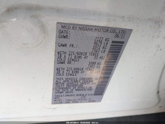 45188814 :رقم المزاد ، 5N1AT2MV8FC886259 vin ، 2015 Nissan Rogue Sl مزاد بيع
