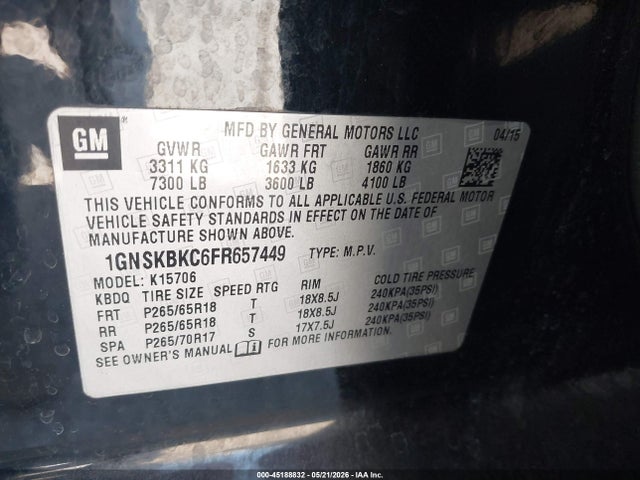 Chevrolet Tahoe Lt 2015 1GNSKBKC6FR657449 Image 9