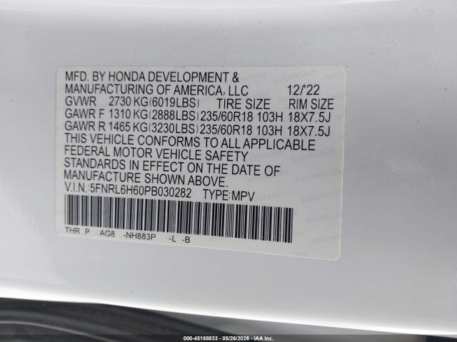 5FNRL6H60PB030282 Honda Odyssey Ex-l