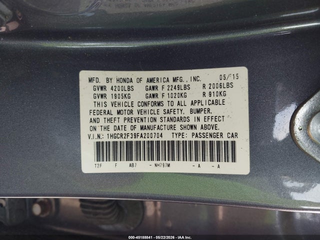 45188841 :رقم المزاد ، 1HGCR2F39FA200704 vin ، 2015 Honda Accord Lx مزاد بيع
