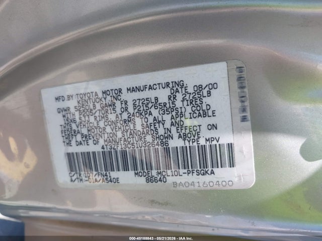 Aukcja sprzedaży 2001 Toyota Sienna Le, vin: 4T3ZF13C51U326486, numer aukcji: 45188843