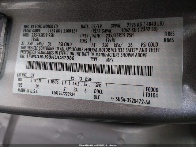 Продажа на аукционе авто 2019 Ford Escape Titanium, vin: 1FMCU9J90KUC57086, номер лота: 45188848