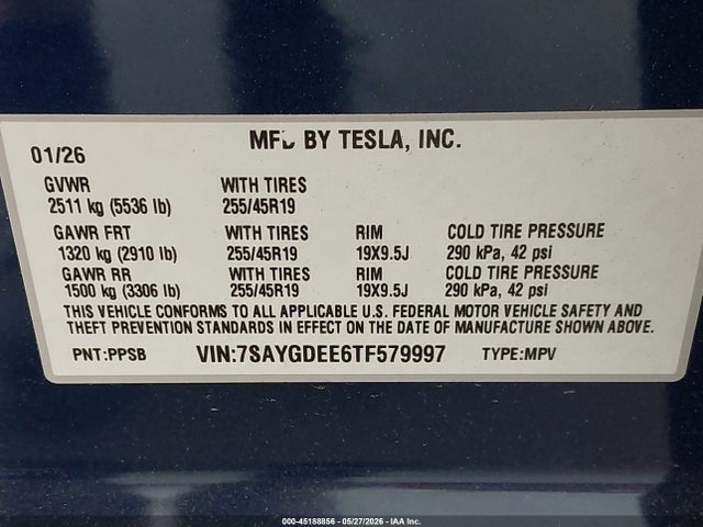 Aukcja sprzedaży 2026 Tesla Model Y All-wheel Drive/long Range Launch Series/premium, vin: 7SAYGDEE6TF579997, numer aukcji: 45188856