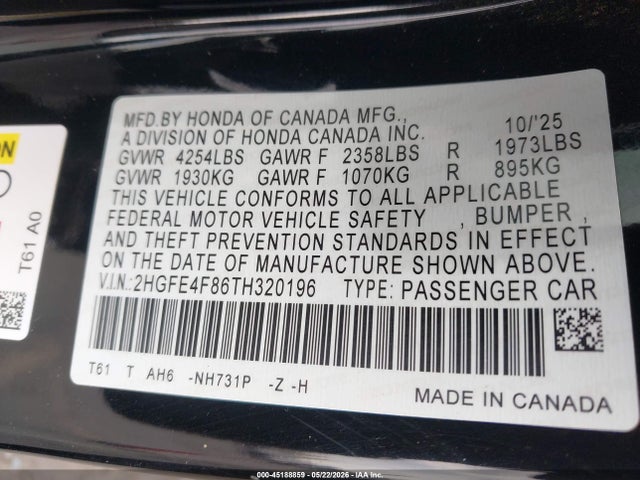 Aukcja sprzedaży 2026 Honda Civic Hybrid Sport/sport Touring, vin: 2HGFE4F86TH320196, numer aukcji: 45188859