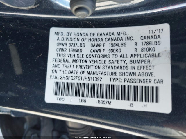 Продажа на аукционе авто 2018 Honda Civic Lx, vin: 2HGFC2F51JH511392, номер лота: 45188866