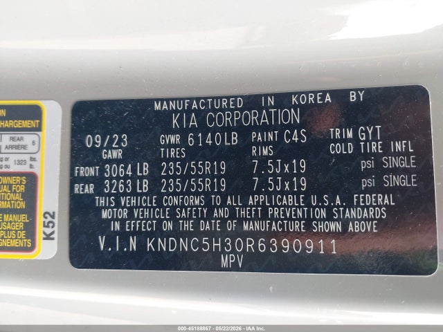 2024 Kia Carnival Mpv Ex მანქანა იყიდება აუქციონზე, vin: KNDNC5H30R6390911, აუქციონის ნომერი: 45188867