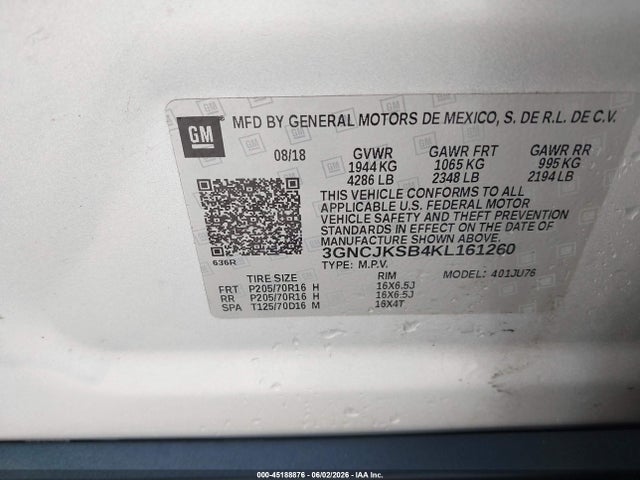 45188876 :رقم المزاد ، 3GNCJKSB4KL161260 vin ، 2019 Chevrolet Trax Ls مزاد بيع