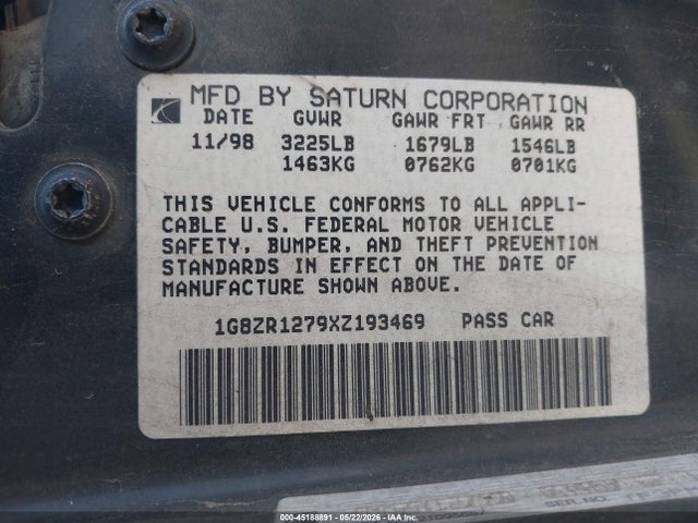 45188891 :رقم المزاد ، 1G8ZR1279XZ193469 vin ، 1999 Saturn Sc2 مزاد بيع