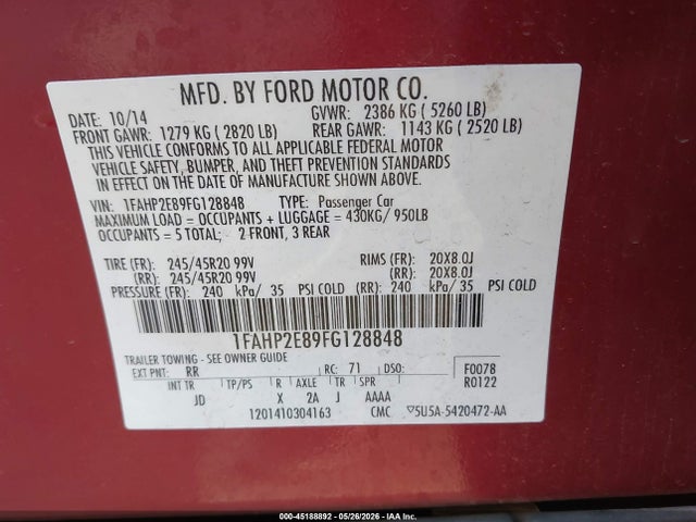 Продаж на аукціоні авто 2015 Ford Taurus Sel, vin: 1FAHP2E89FG128848, номер лоту: 45188892