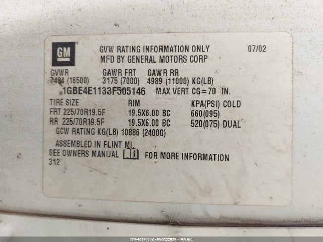 45188902 :رقم المزاد ، 1GBE4E1133F505146 vin ، 2003 Chevrolet Cc4500 مزاد بيع