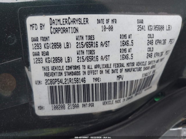 Продаж на аукціоні авто 2001 Chrysler Town & Country Lxi, vin: 2C8GP54L21R158146, номер лоту: 45188907