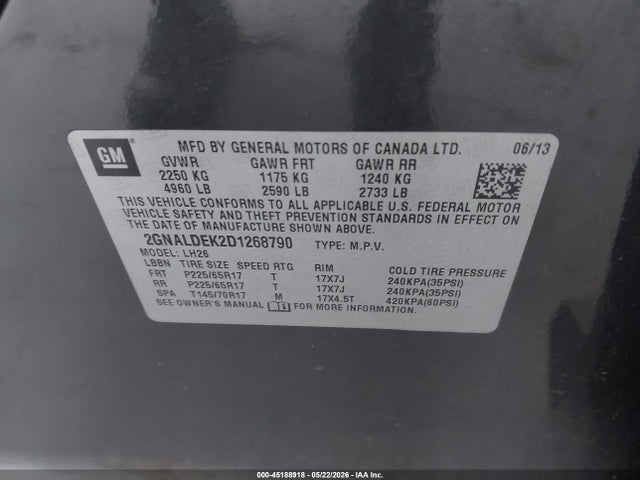 45188918 :رقم المزاد ، 2GNALDEK2D1268790 vin ، 2013 Chevrolet Equinox 1lt مزاد بيع