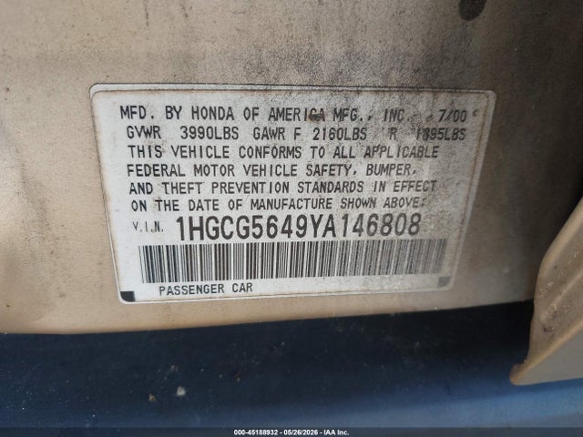 2000 Honda Accord 2.3 Lx მანქანა იყიდება აუქციონზე, vin: 1HGCG5649YA146808, აუქციონის ნომერი: 45188932