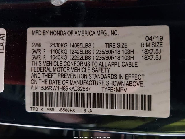 5J6RW1H89KA032667 Honda Cr-v Ex-l
