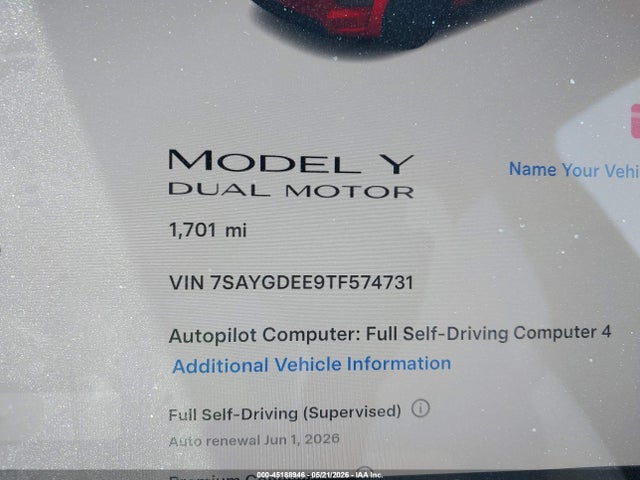 Aukcja sprzedaży 2026 Tesla Model Y All-wheel Drive/long Range Launch Series/premium All-wheel Drive, vin: 7SAYGDEE9TF574731, numer aukcji: 45188946