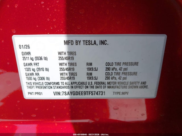 Aukcja sprzedaży 2026 Tesla Model Y All-wheel Drive/long Range Launch Series/premium All-wheel Drive, vin: 7SAYGDEE9TF574731, numer aukcji: 45188946