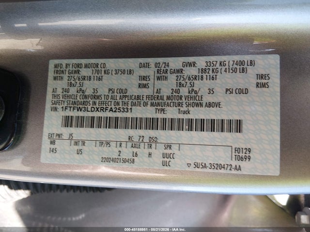 Aukcja sprzedaży 2024 Ford F-150 Xlt, vin: 1FTFW3LDXRFA25331, numer aukcji: 45188951