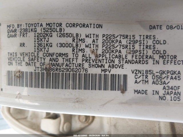 Aukcja sprzedaży 2002 Toyota 4runner Sr5 V6, vin: JT3HN86R629062076, numer aukcji: 45188965