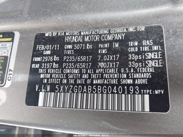 Aukcja sprzedaży 2011 Hyundai Santa Fe Gls, vin: 5XYZGDAB5BG040193, numer aukcji: 45188972