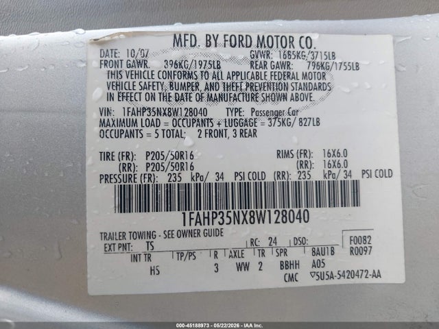 Продажа на аукционе авто 2008 Ford Focus Se/ses, vin: 1FAHP35NX8W128040, номер лота: 45188973