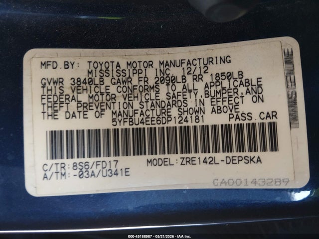 Aukcja sprzedaży 2013 Toyota Corolla S, vin: 5YFBU4EE6DP124181, numer aukcji: 45188987