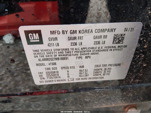 45188996 :رقم المزاد ، KL4MMDS27MB180691 vin ، 2021 Buick Encore Gx Fwd Select مزاد بيع