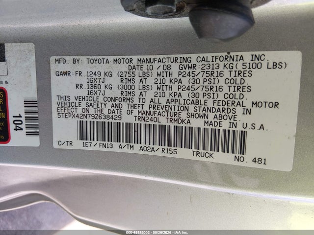 Aukcja sprzedaży 2009 Toyota Tacoma, vin: 5TEPX42N79Z638429, numer aukcji: 45189002
