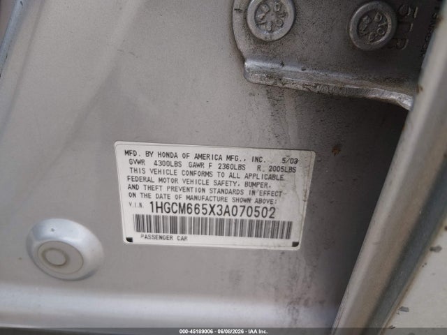 45189006 :رقم المزاد ، 1HGCM665X3A070502 vin ، 2003 Honda Accord 3.0 Ex مزاد بيع