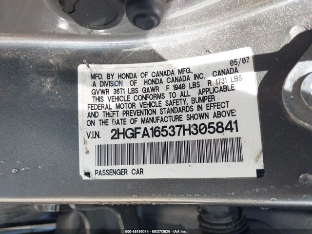 Aukcja sprzedaży 2007 Honda Civic Lx, vin: 2HGFA16537H305841, numer aukcji: 45189014