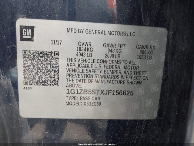 45189015 :رقم المزاد ، 1G1ZB5STXJF156625 vin ، 2018 Chevrolet Malibu 1ls مزاد بيع