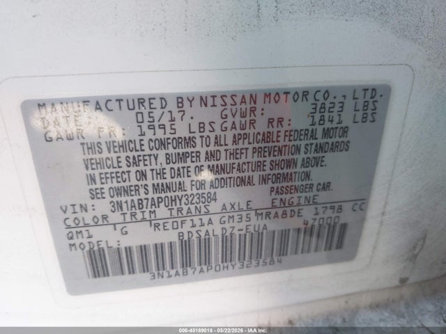 Aukcja sprzedaży 2017 Nissan Sentra Sv, vin: 3N1AB7AP0HY323584, numer aukcji: 45189018