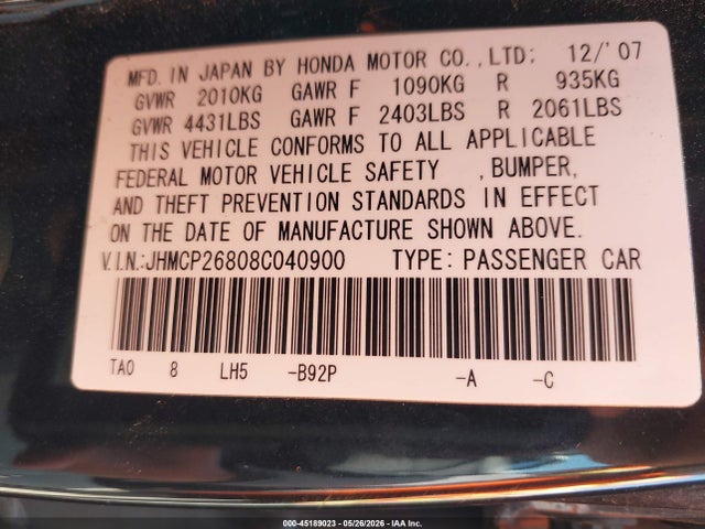 45189023 :رقم المزاد ، JHMCP26808C040900 vin ، 2008 Honda Accord 2.4 Ex-l مزاد بيع
