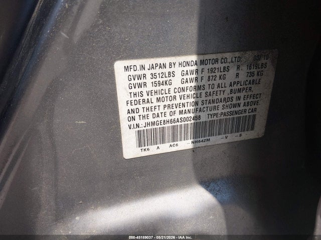 45189037 :رقم المزاد ، JHMGE8H66AS002458 vin ، 2010 Honda Fit Sport مزاد بيع