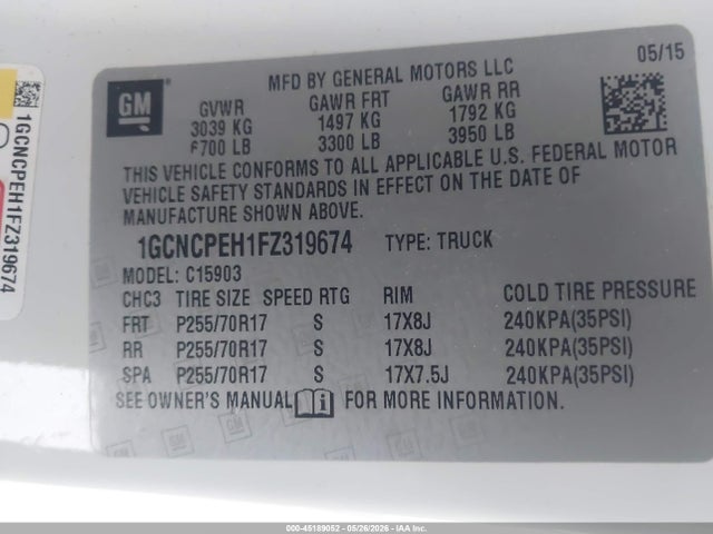 45189052 :رقم المزاد ، 1GCNCPEH1FZ319674 vin ، 2015 Chevrolet Silverado 1500 Ls مزاد بيع
