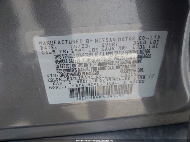 2023 Nissan Kicks S Xtronic Cvt მანქანა იყიდება აუქციონზე, vin: 3N1CP5BVXPL545699, აუქციონის ნომერი: 45189058