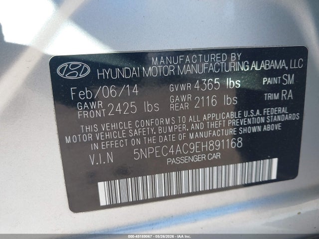 Hyundai SONATA SE 2014 5NPEC4AC9EH891168 Image 9