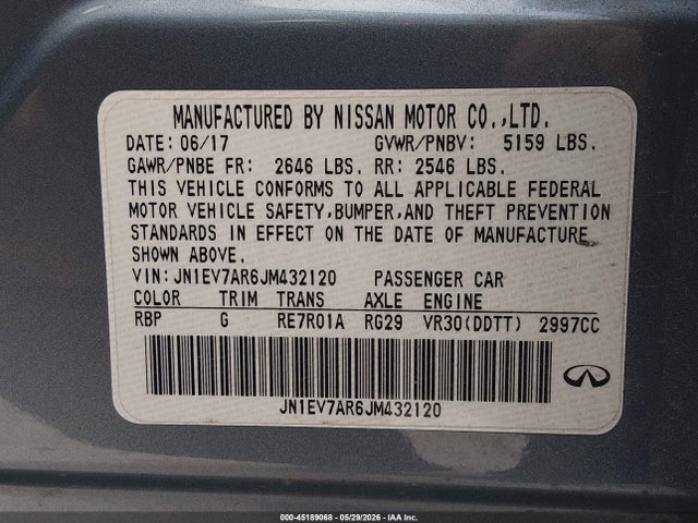 2018 Infiniti Q50 3.0t Luxe მანქანა იყიდება აუქციონზე, vin: JN1EV7AR6JM432120, აუქციონის ნომერი: 45189068