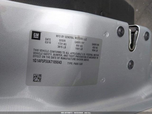 2010 Chevrolet Cobalt Lt მანქანა იყიდება აუქციონზე, vin: 1G1AF5F50A7189043, აუქციონის ნომერი: 45189072