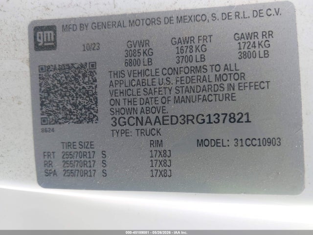 45189081 :رقم المزاد ، 3GCNAAED3RG137821 vin ، 2024 Chevrolet Silverado 1500 2wd  Long Bed Wt مزاد بيع