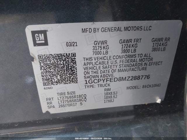 1GCPYFED8MZ288776 Chevrolet Silverado 1500 4wd Short Bed Lt Trail Boss
