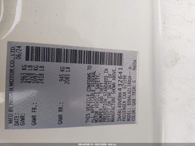 Auction sale of the 2024 Nissan Altima Sv Fwd, vin: 1N4BL4DV0RN432641, lot number: 45189115
