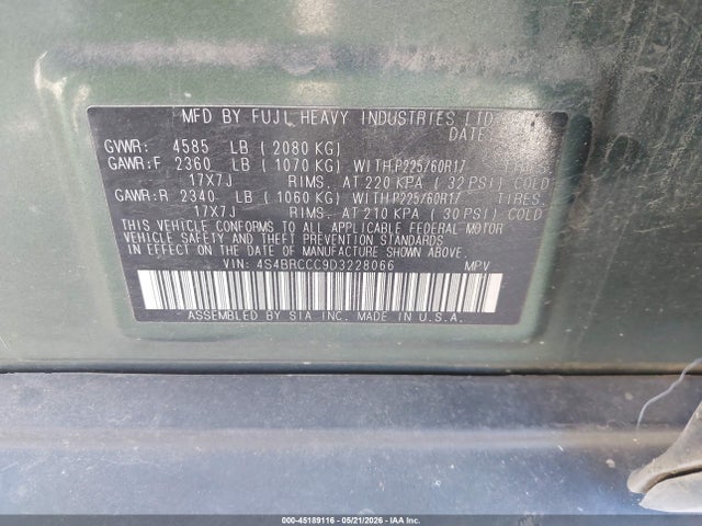 45189116 :رقم المزاد ، 4S4BRCCC9D3228066 vin ، 2013 Subaru Outback 2.5i Premium مزاد بيع
