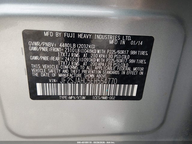 2014 Subaru Forester 2.5i Limited მანქანა იყიდება აუქციონზე, vin: JF2SJAHC5EH554770, აუქციონის ნომერი: 45189119