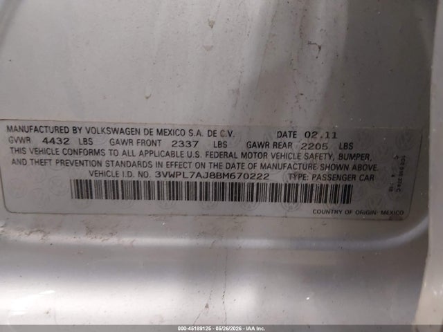 45189125 :رقم المزاد ، 3VWPL7AJ8BM670222 vin ، 2011 Volkswagen Jetta Sportwagen 2.0l Tdi مزاد بيع