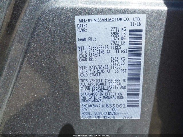 45189127 :رقم المزاد ، 5N1DR2MM7HC635061 vin ، 2017 Nissan Pathfinder Sl مزاد بيع