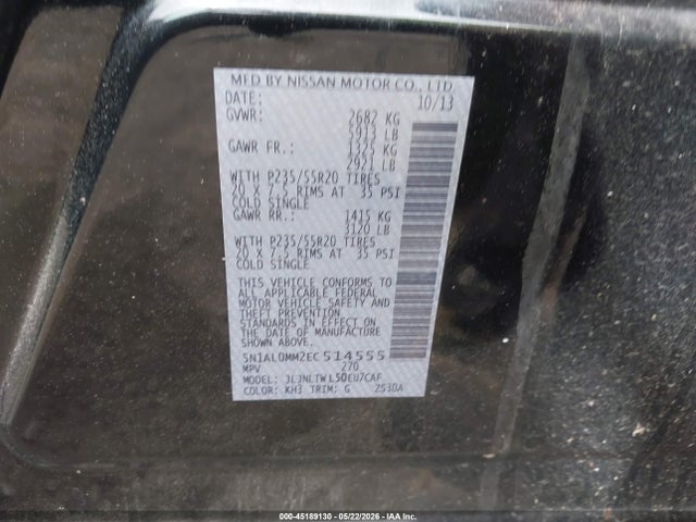 45189130 :رقم المزاد ، 5N1AL0MM2EC514555 vin ، 2014 Infiniti Qx60 مزاد بيع