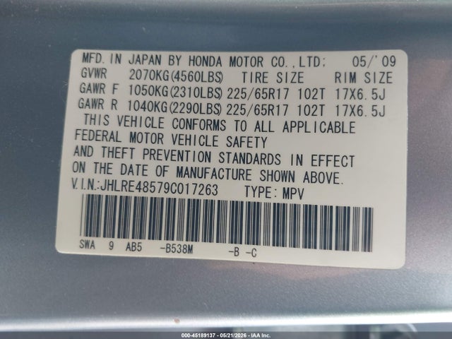 45189137 :رقم المزاد ، JHLRE48579C017263 vin ، 2009 Honda Cr-v Ex مزاد بيع